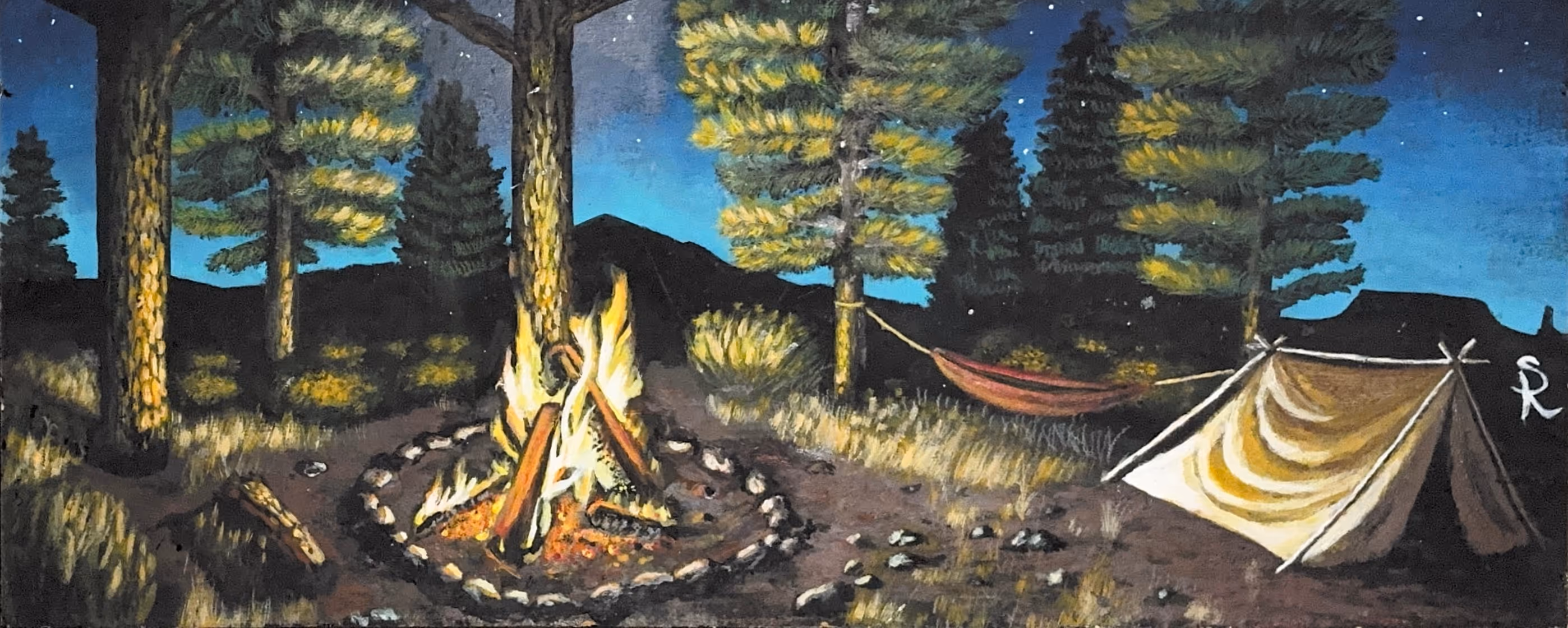 Wide acrylic painting of a pine-forest campsite at night: a stone-ringed campfire, a hammock, an A-frame tent, and tall ponderosa pines against a deep star-filled sky.