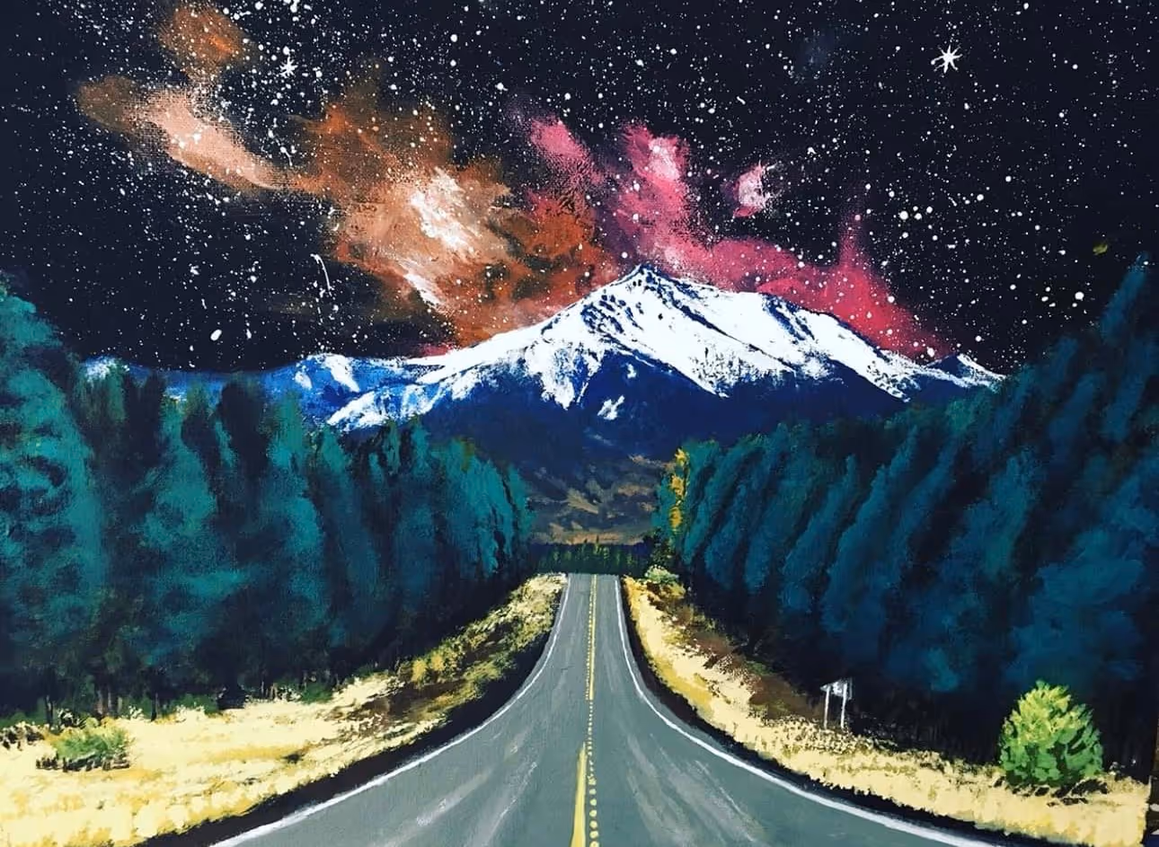 Acrylic painting of a two-lane highway through dark evergreen forest leading toward a snow-capped peak under a vivid star field with a pink-and-copper nebula.