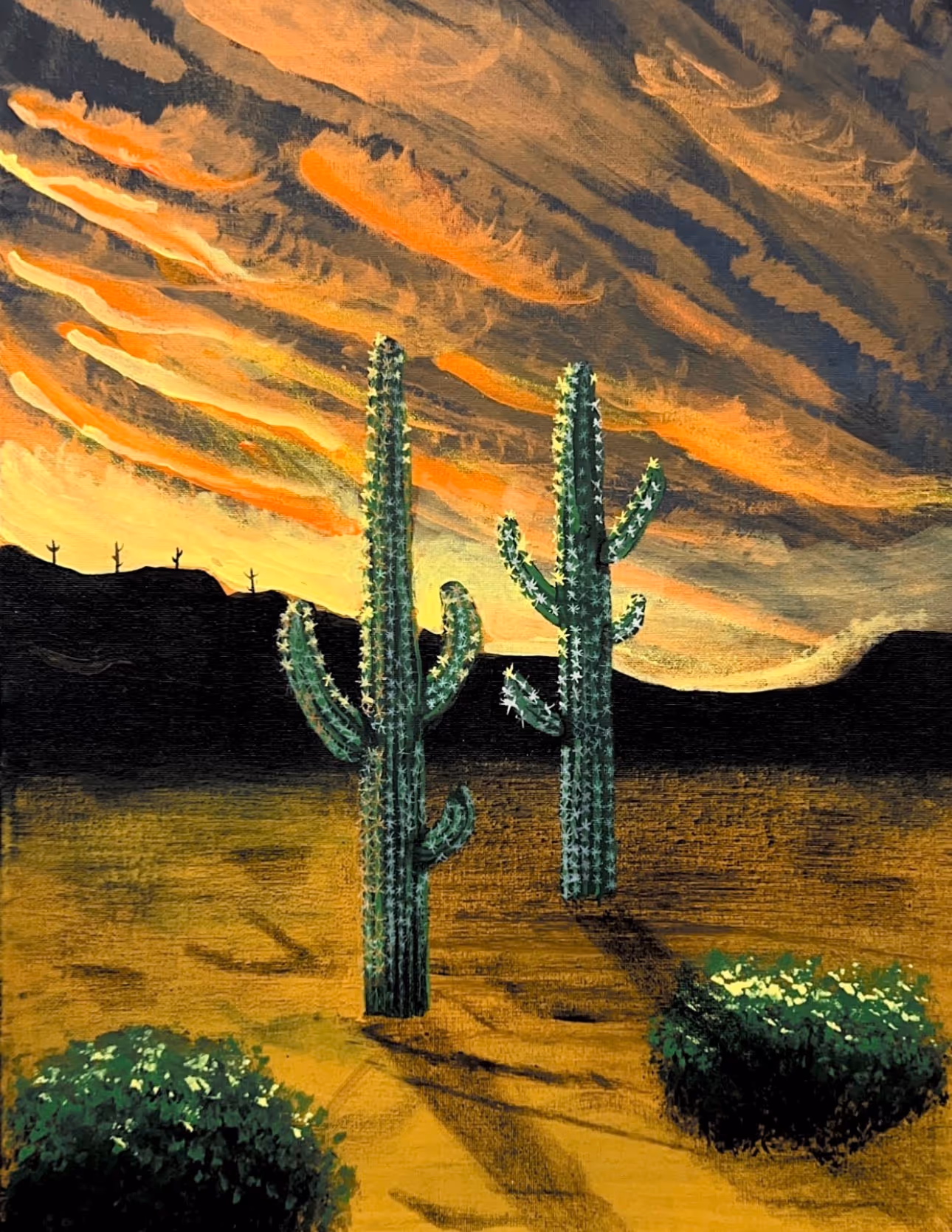 Portrait-format acrylic painting of two tall saguaros under a dramatic streaked orange-and-slate storm sky at dusk, with small saguaros on a distant ridge.