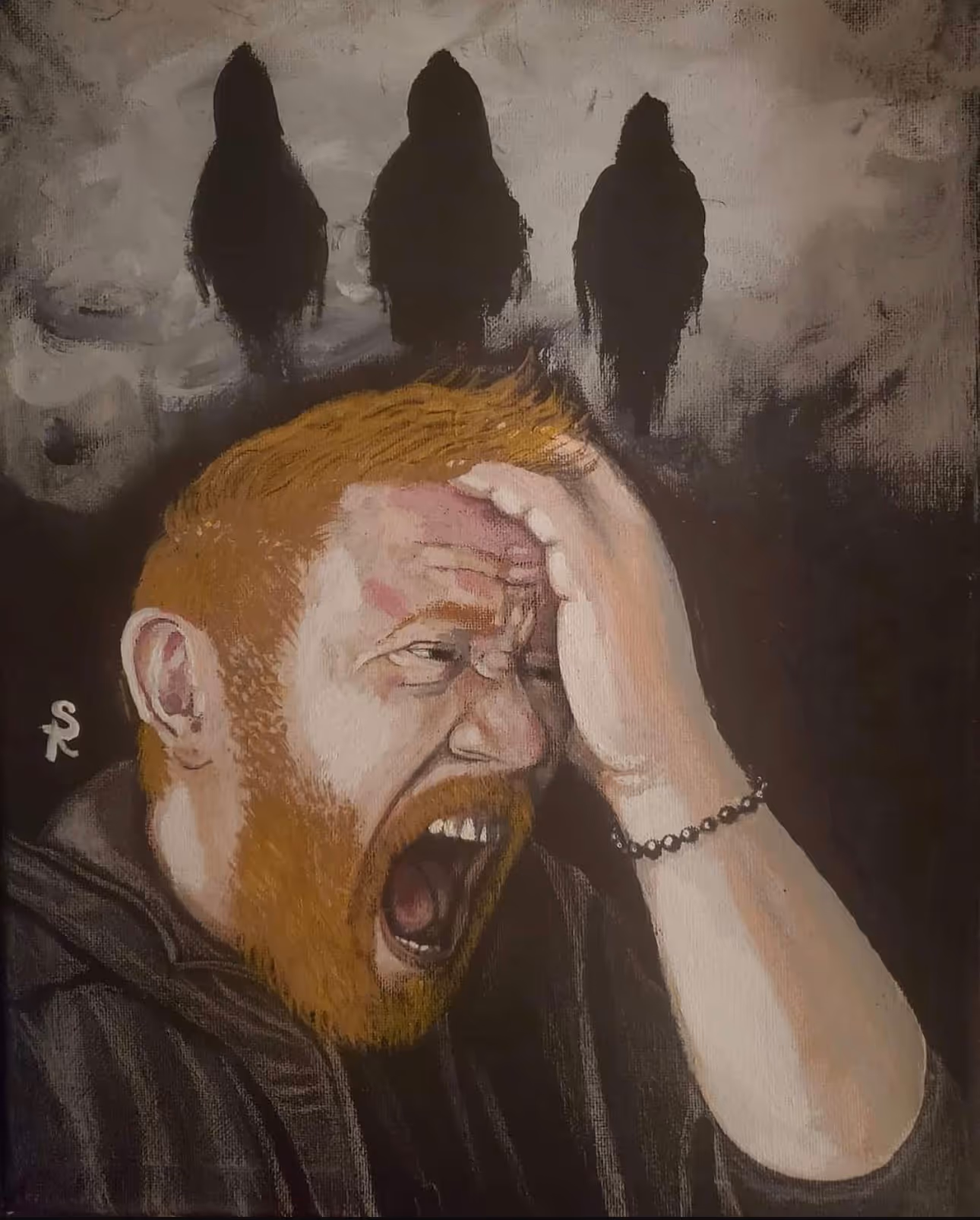 Acrylic self-portrait of a bearded man with a hand gripping his head, three dark crow-like figures looming behind him in a grey haze.