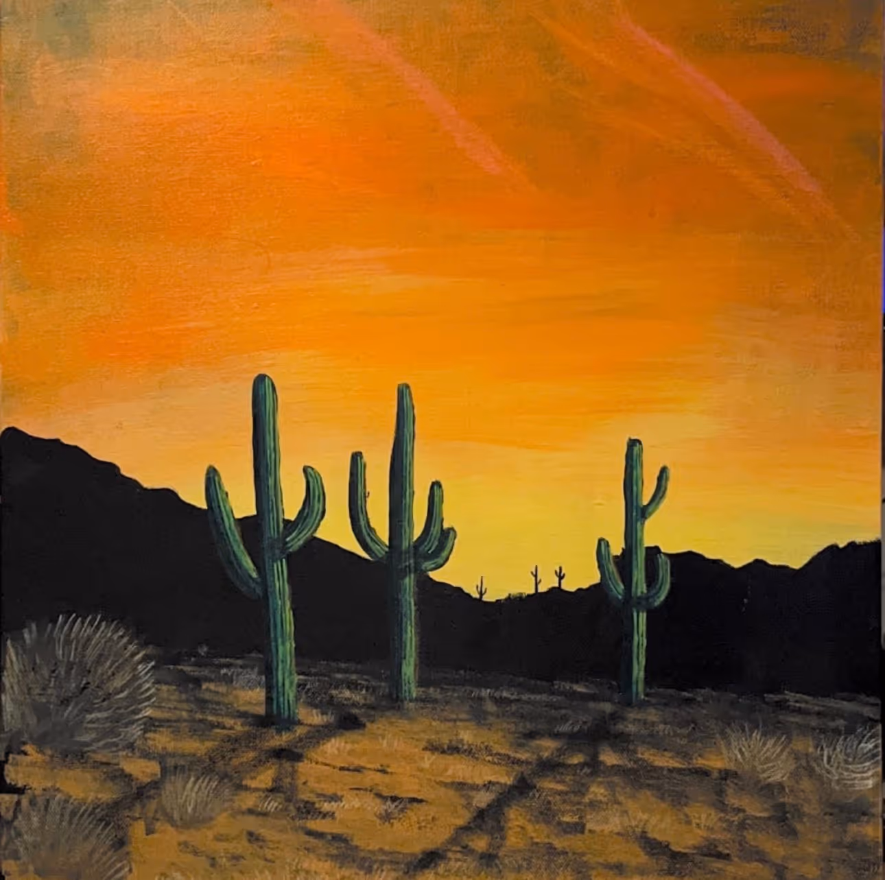Acrylic painting of three saguaro cacti silhouetted against a glowing orange-to-yellow desert sunset, with a dark mountain range behind.