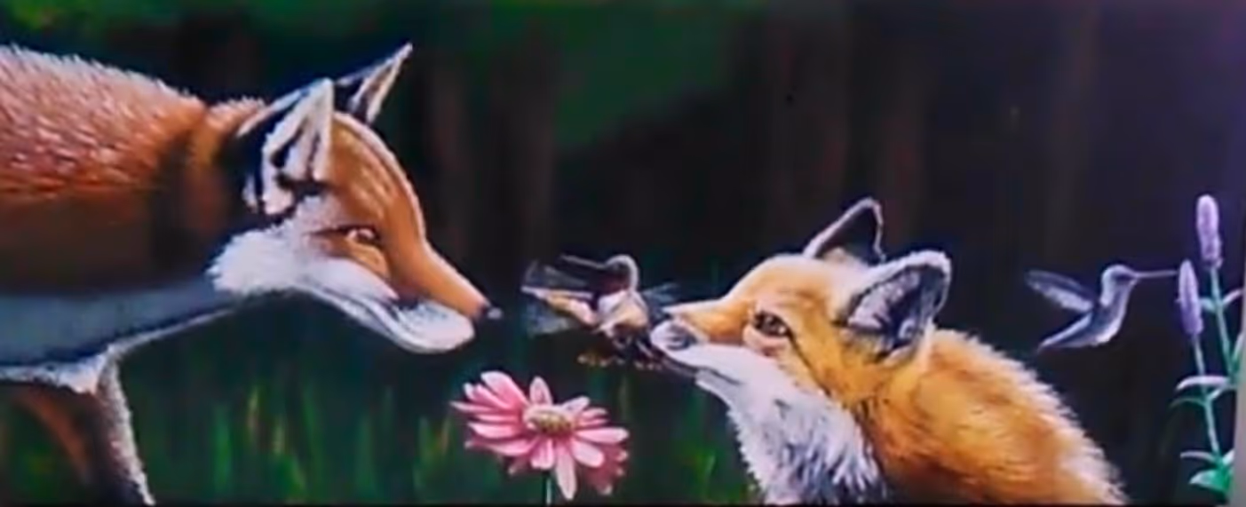 Wide acrylic painting of two red foxes nose to nose over a pink daisy with a hummingbird between them, against a dark forest backdrop.